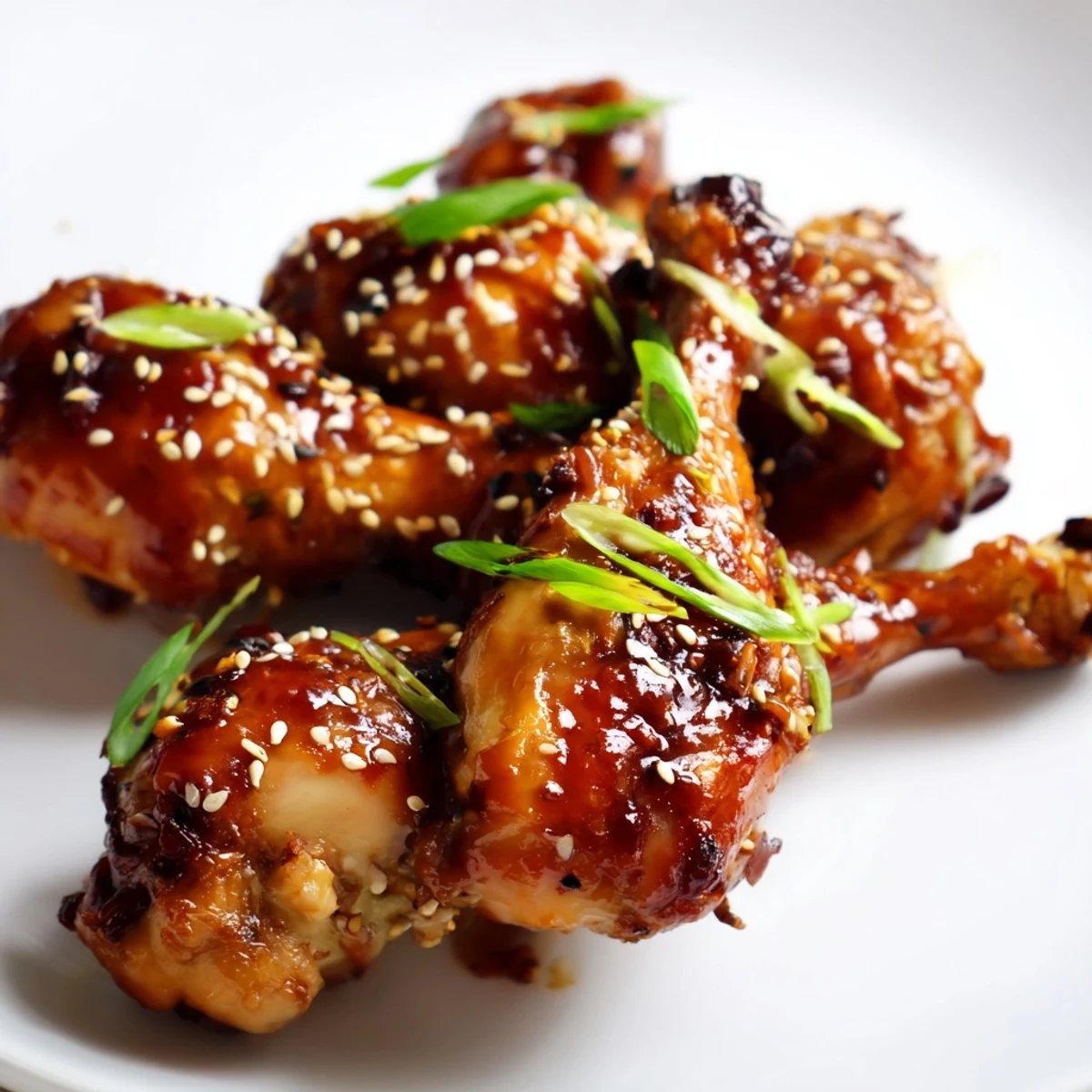 Tender Asian glazed chicken drumsticks falling off the bone garnished with fresh sliced scallions