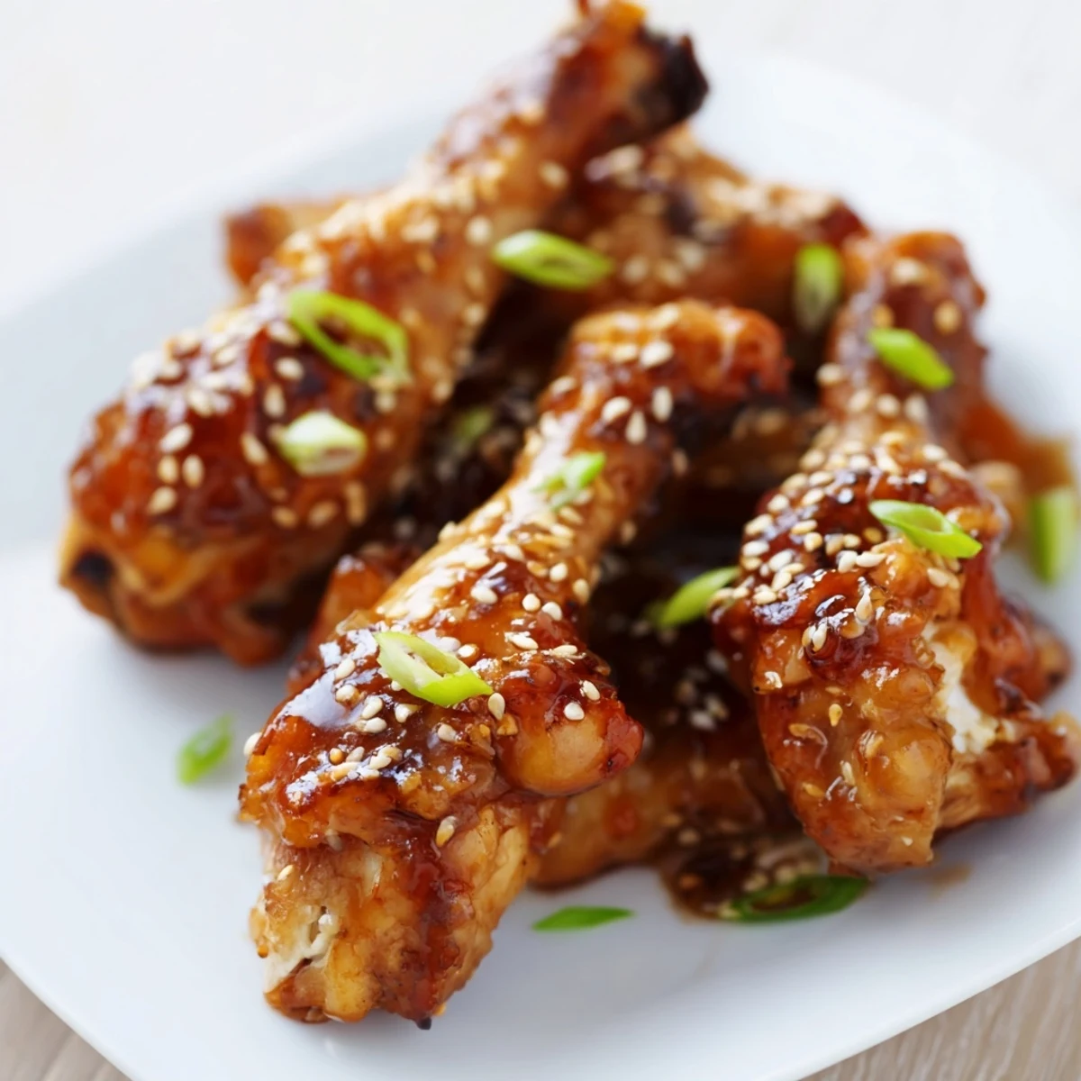 Caramelized Asian glazed chicken drum brushed with thickened glaze and topped with sesame seeds