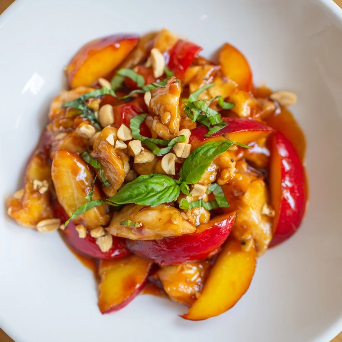 Golden chicken pieces coated in Thai peach sauce with colorful bell peppers and fresh basil garnish