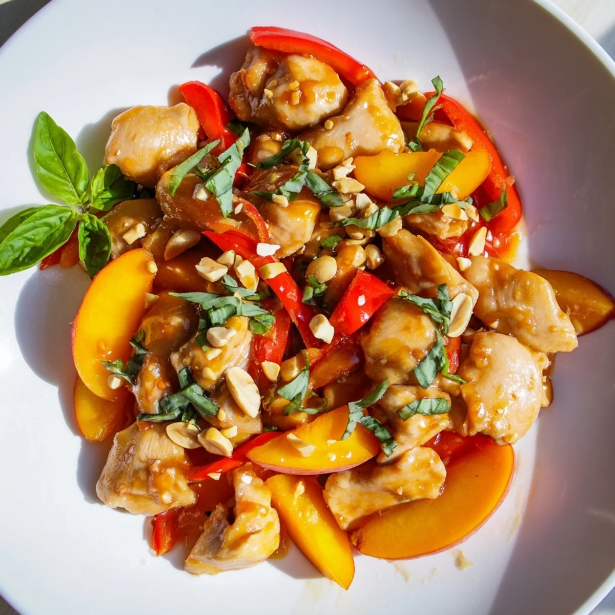Vibrant plate of Thai peach chicken served over rice with lime wedges and roasted peanuts