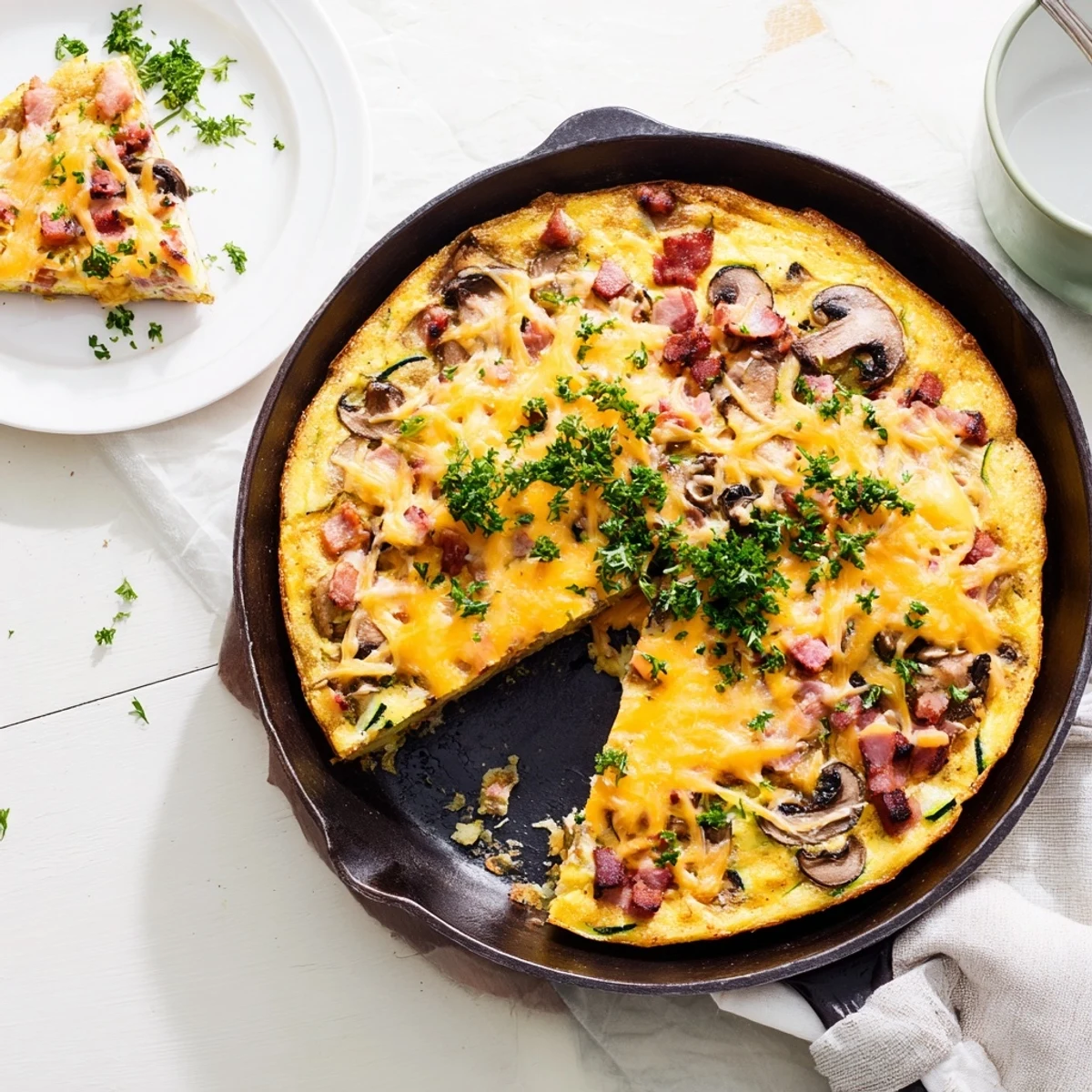 Golden mushroom zucchini and bacon family frittata served warm on a white ceramic plate
