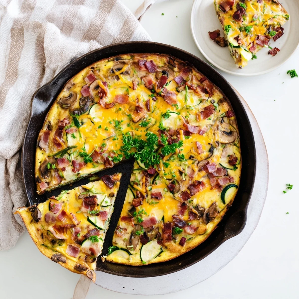 Savory baked frittata loaded with smoky bacon crisp zucchini slices and tender mushrooms