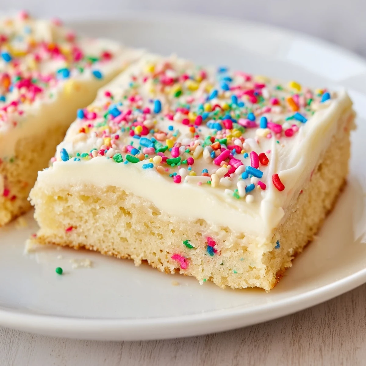 Thick frosted sugar cookie bars cut into squares with rainbow sprinkles scattered across the creamy vanilla topping