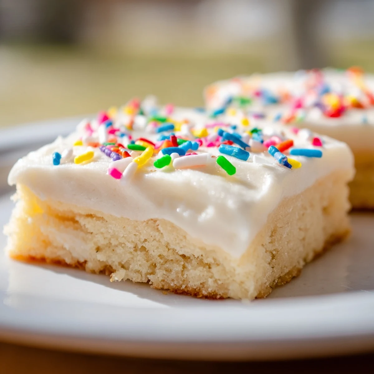 Homemade sugar cookie bars with fluffy buttercream frosting displayed on a rustic wooden serving board for parties