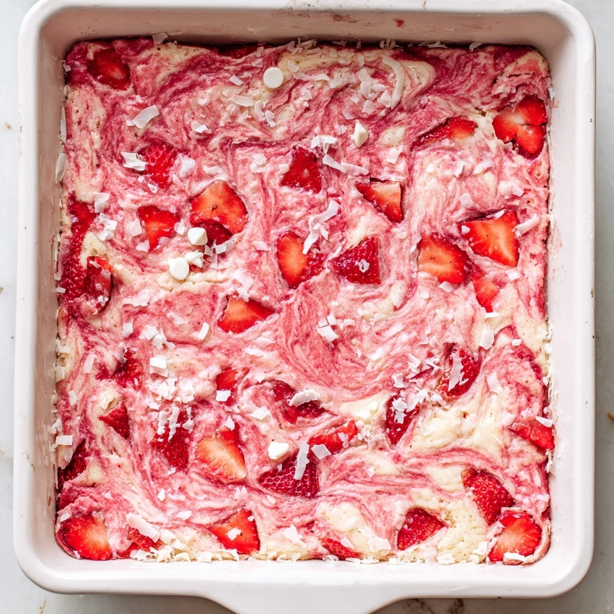 Gooey strawberry earthquake cake with marbled cream cheese swirl and fresh sliced berries