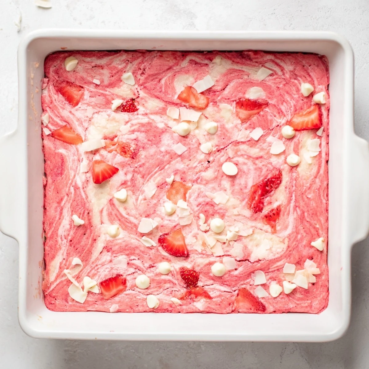 Cracked strawberry earthquake cake topped with white chocolate chips and creamy coconut