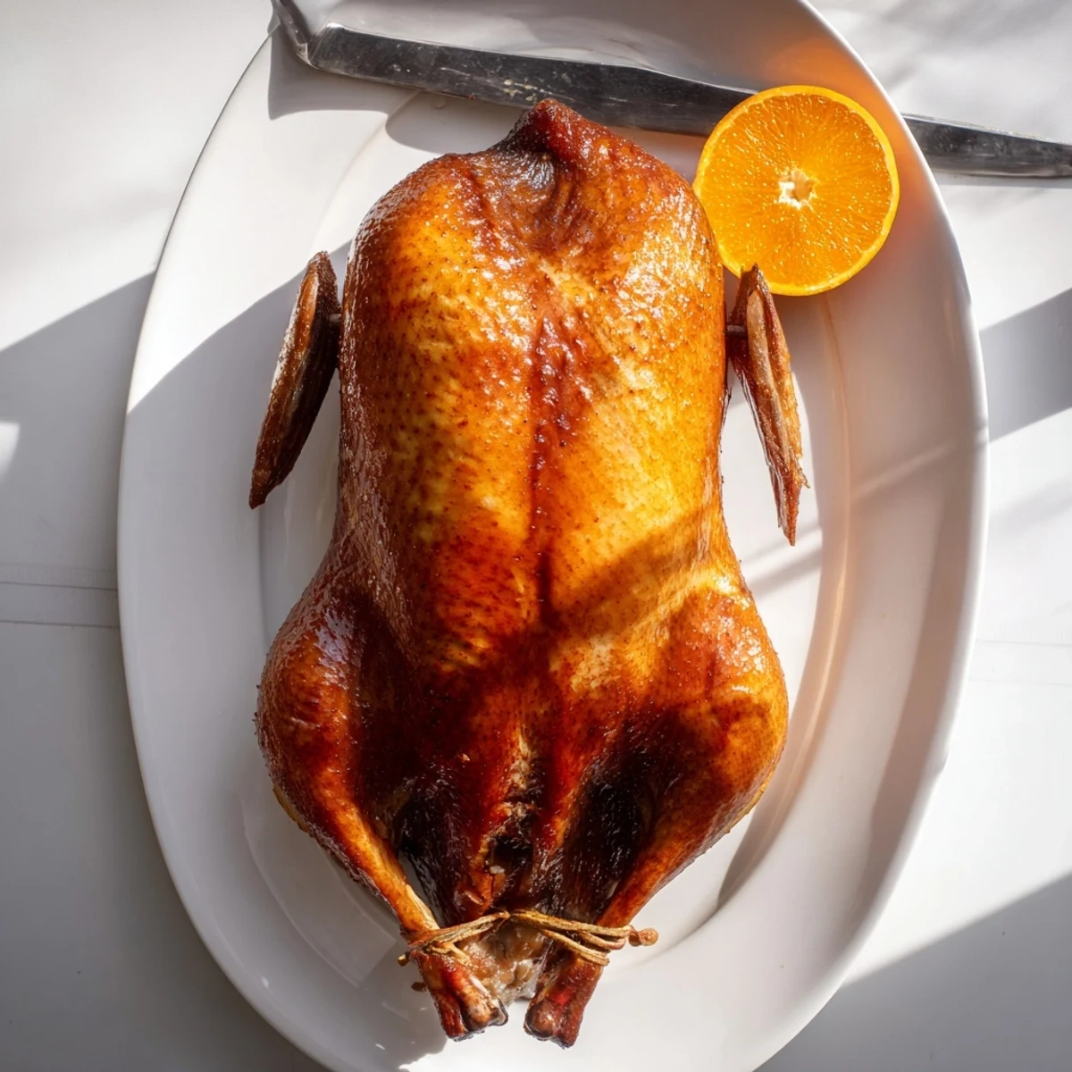Whole roasted duck seasoned with aromatic Chinese five spice on a white serving platter