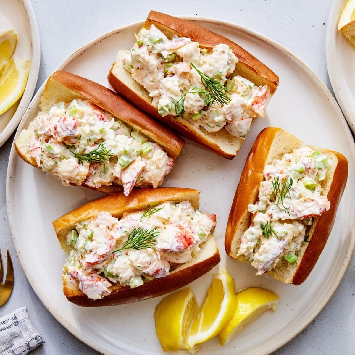 Golden toasted garlic butter lobster rolls piled high with creamy herbed lobster filling
