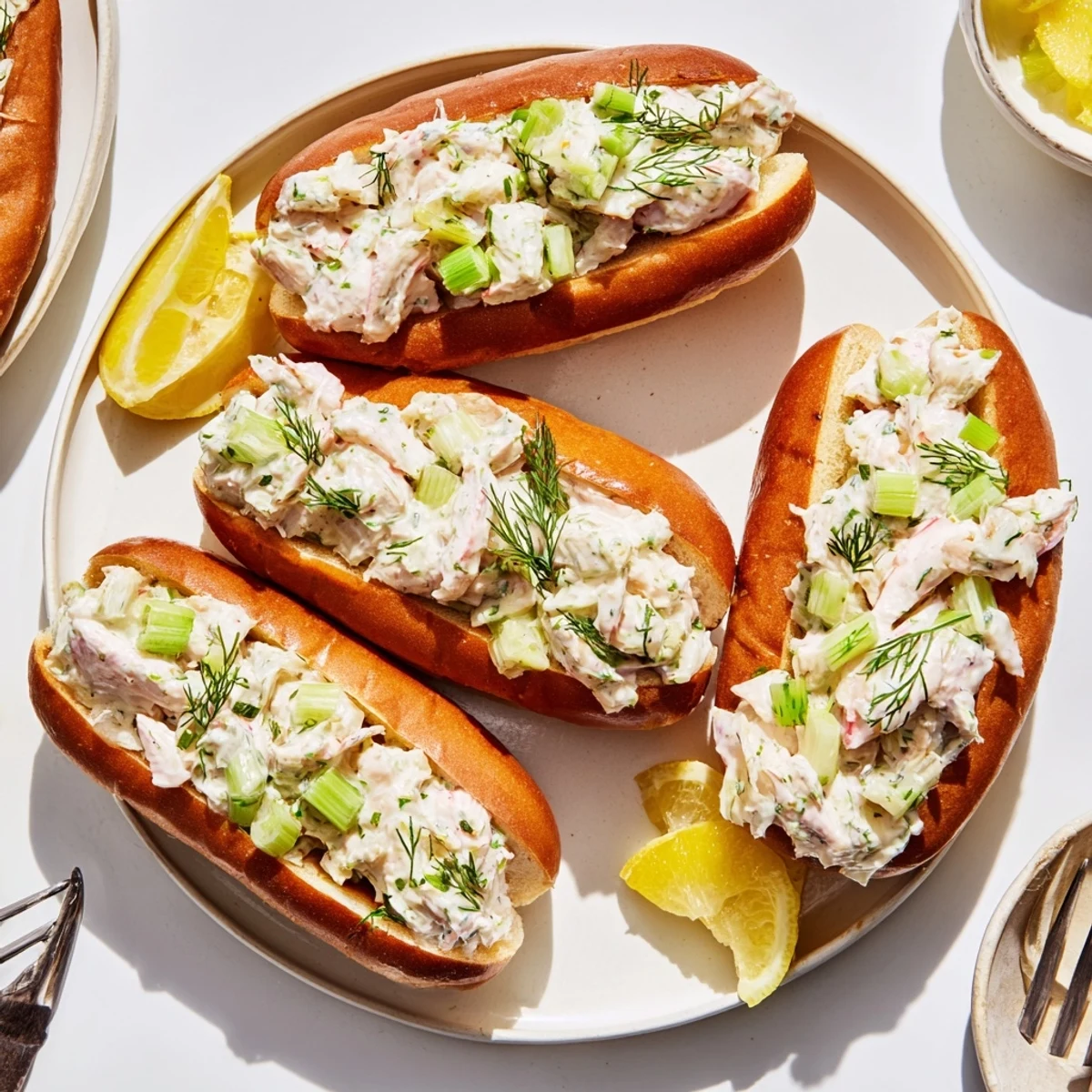 New England style garlic butter lobster rolls served with fresh lemon wedges on plate