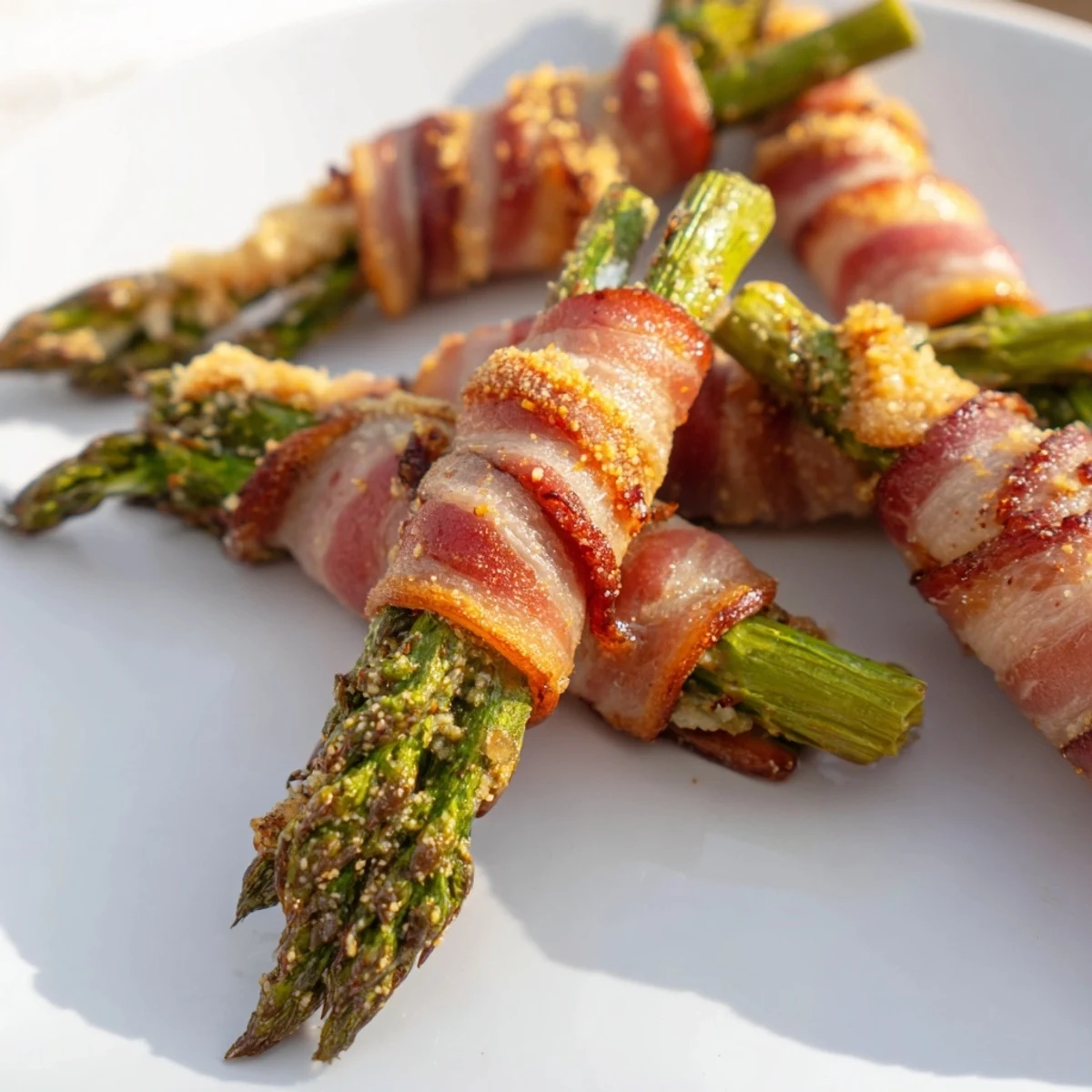 Golden brown garlic bacon wrapped asparagus bundles arranged on a white serving platter