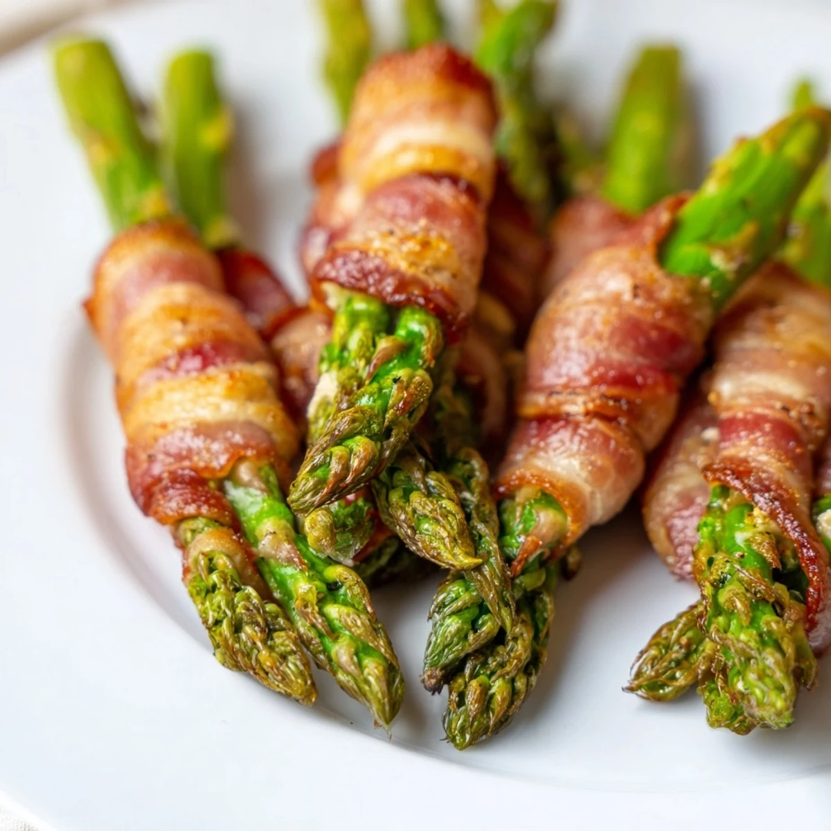 Savory appetizer of bacon wrapped asparagus spears garnished with fresh parsley on wooden board