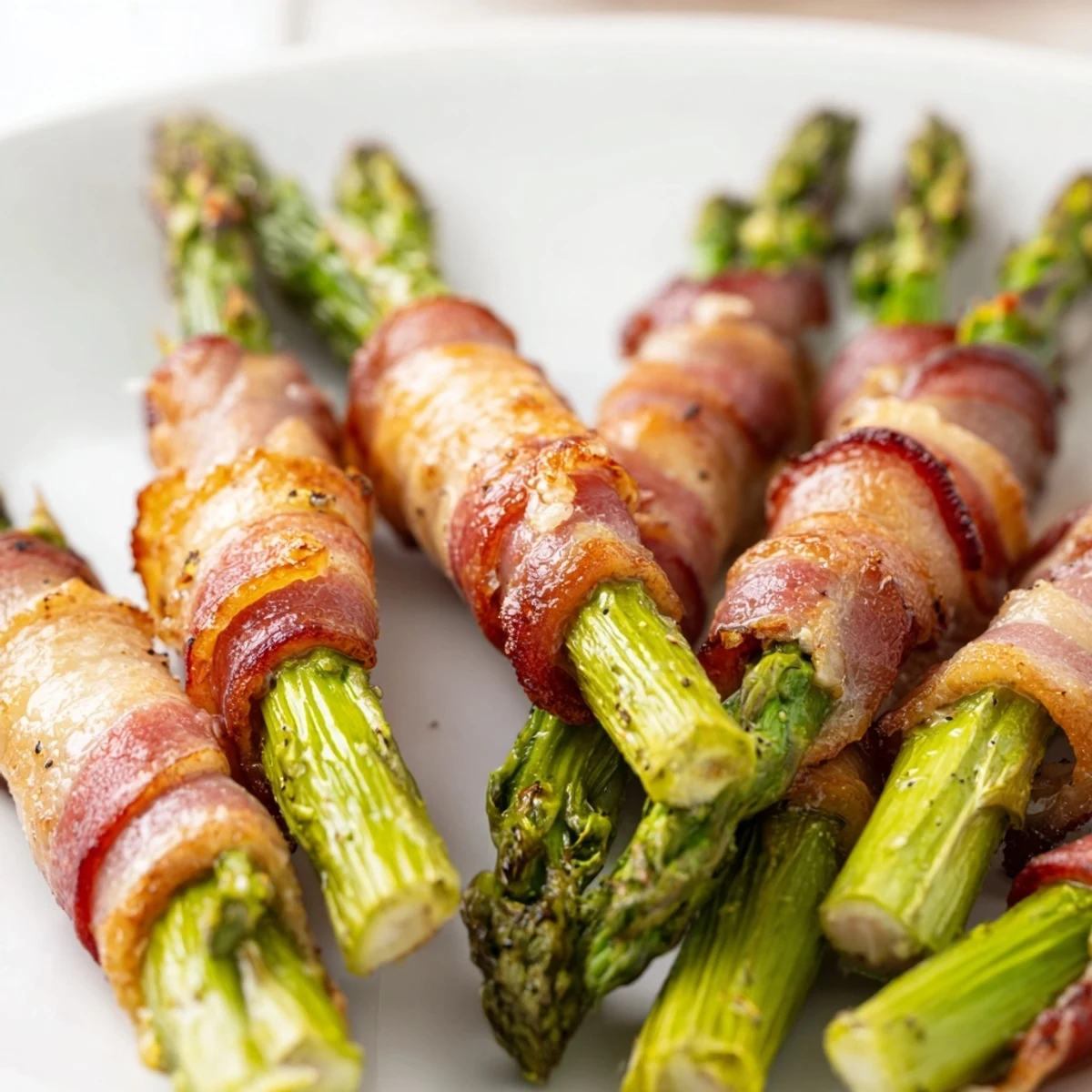 Tender green asparagus spears spiraled with crispy smoked bacon finished with roasted garlic