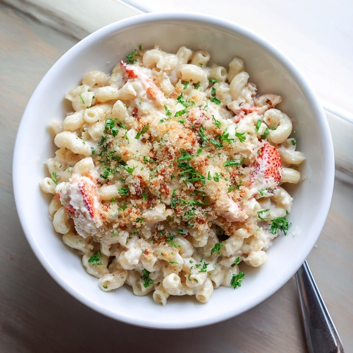 Golden baked garlic butter lobster mac and cheese with crispy breadcrumb topping and fresh parsley garnish