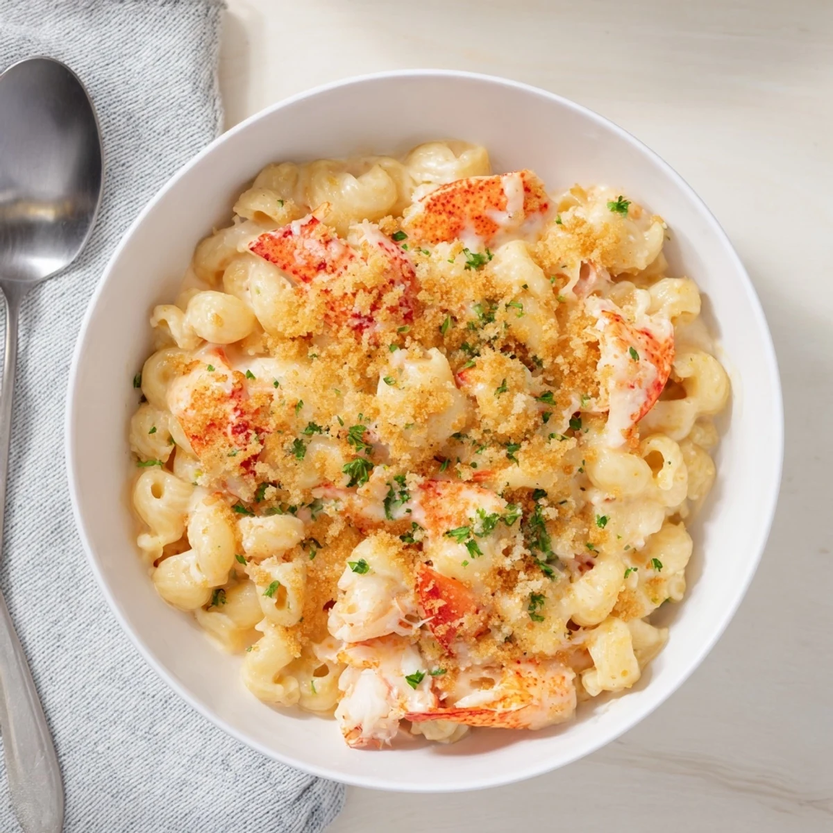 Creamy garlic butter lobster mac and cheese bubbling in a white baking dish with melted cheese