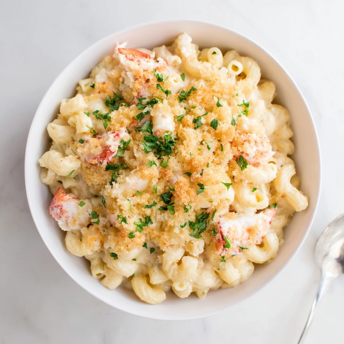 Spoonful of rich lobster mac and cheese showing tender chunks in garlic butter sauce with golden crust