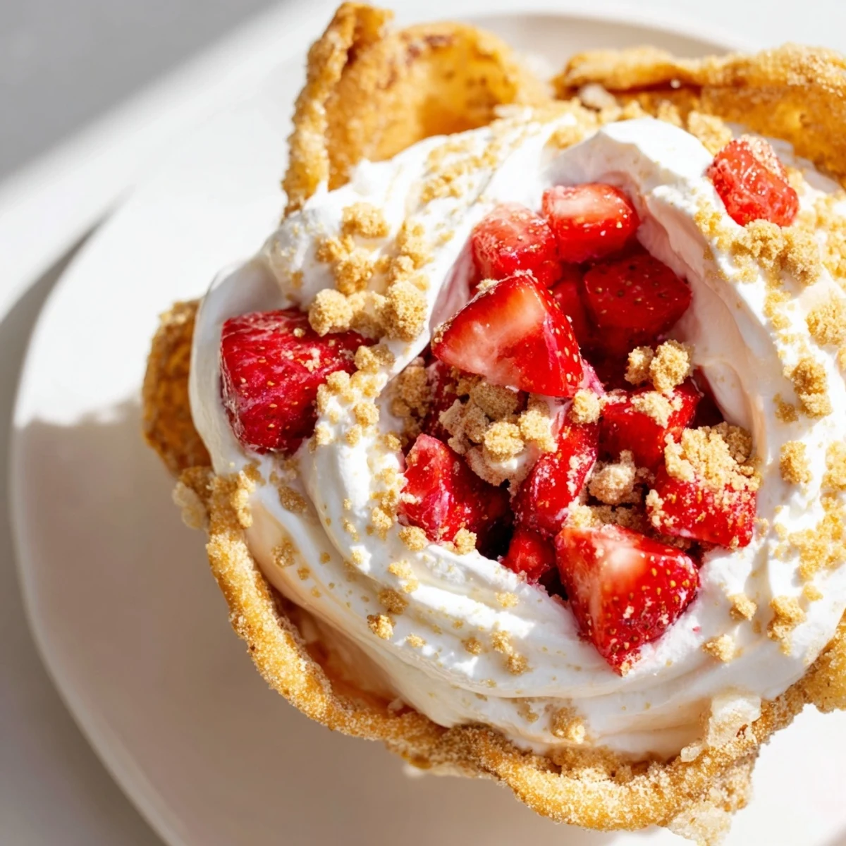 Crispy baked tortilla taco filled with fluffy vanilla cheesecake, ruby red strawberries, and golden crushed topping