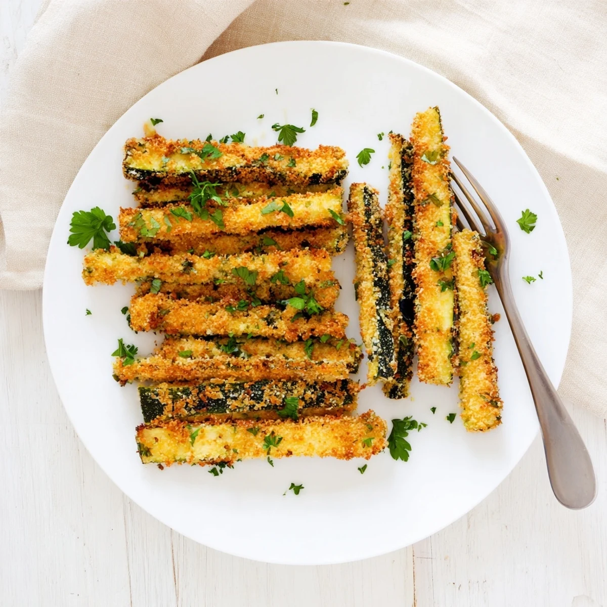 Golden brown crispy baked keto zucchini fries arranged on a baking sheet with almond flour coating