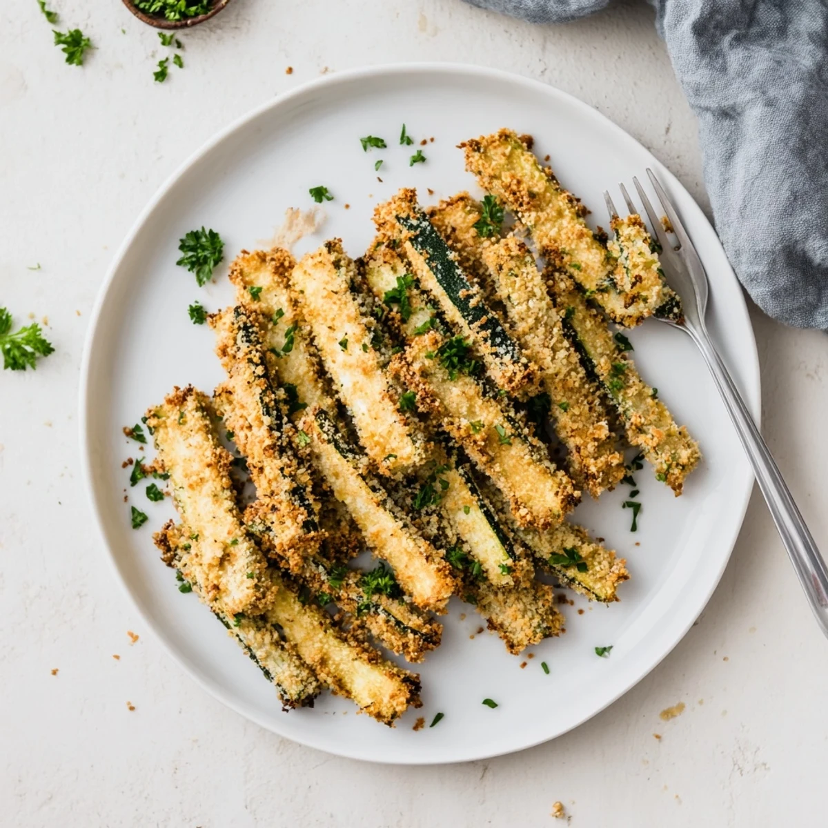 Golden low-carb zucchini fries with Parmesan crust served hot on white plate with parsley garnish