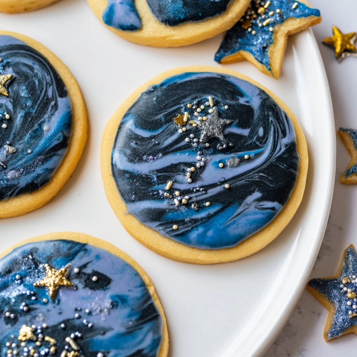 Delicate vanilla Starry Night Sugar Cookies with swirled dark blue icing and sparkling edible gold stars
