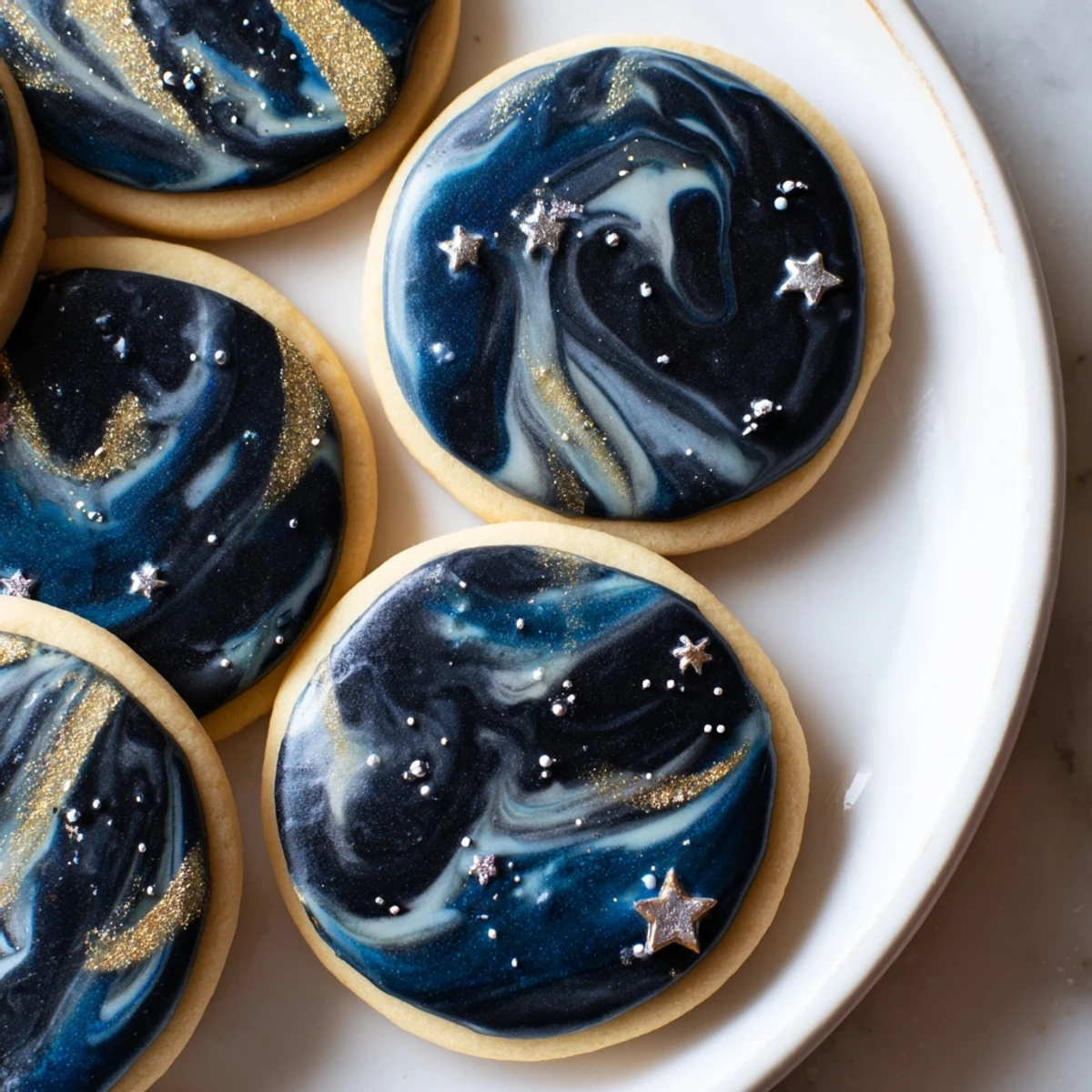 Baked Starry Night Sugar Cookies featuring marbled midnight blue glaze and shimmering star decorations on white platter