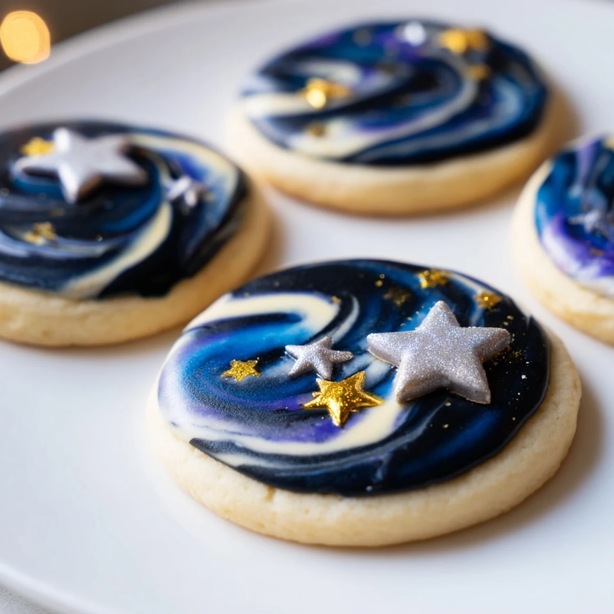 Freshly decorated Starry Night Sugar Cookies with celestial blue and black marbled frosting topped with edible star sprinkles