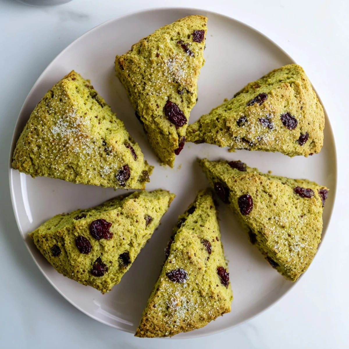 Golden matcha cranberry scones sprinkled with coarse sugar on a parchment-lined baking sheet
