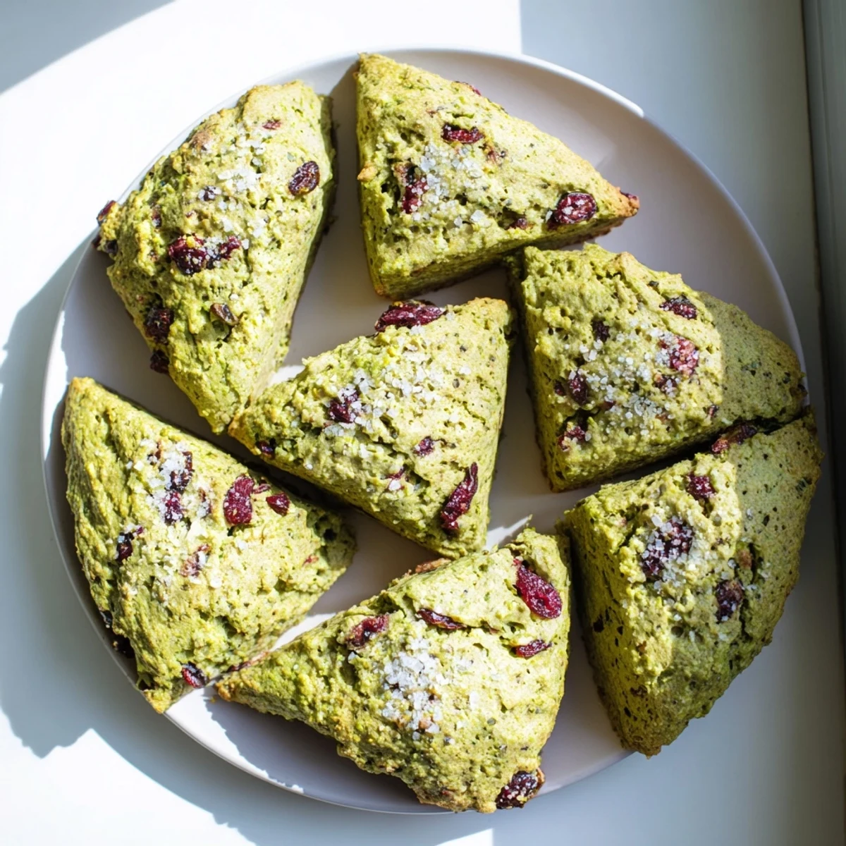 Flaky triangular scones featuring vibrant green matcha swirls and ruby red dried cranberries