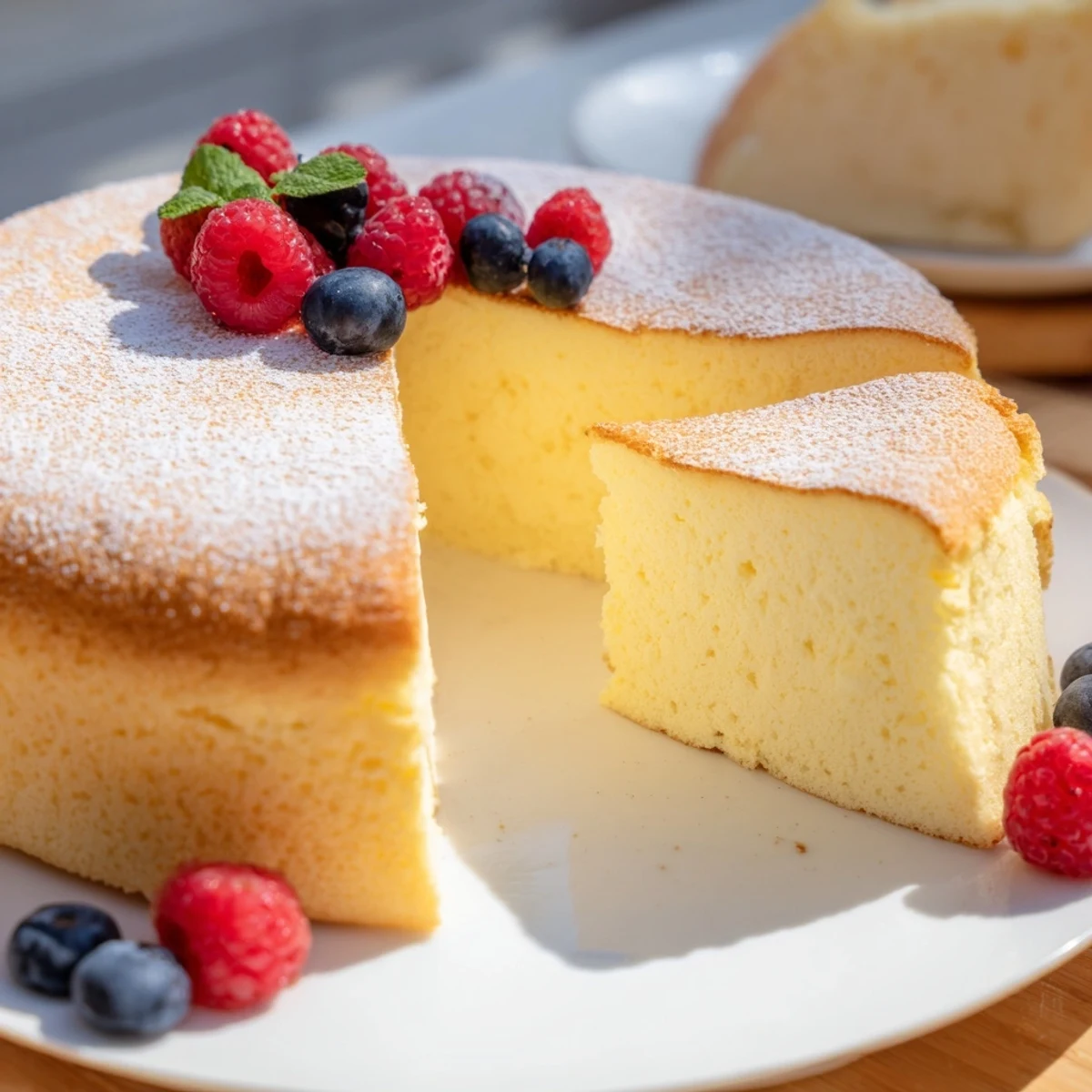 Fluffy Japanese cheesecake with golden brown top and cloudlike souffle texture on white plate
