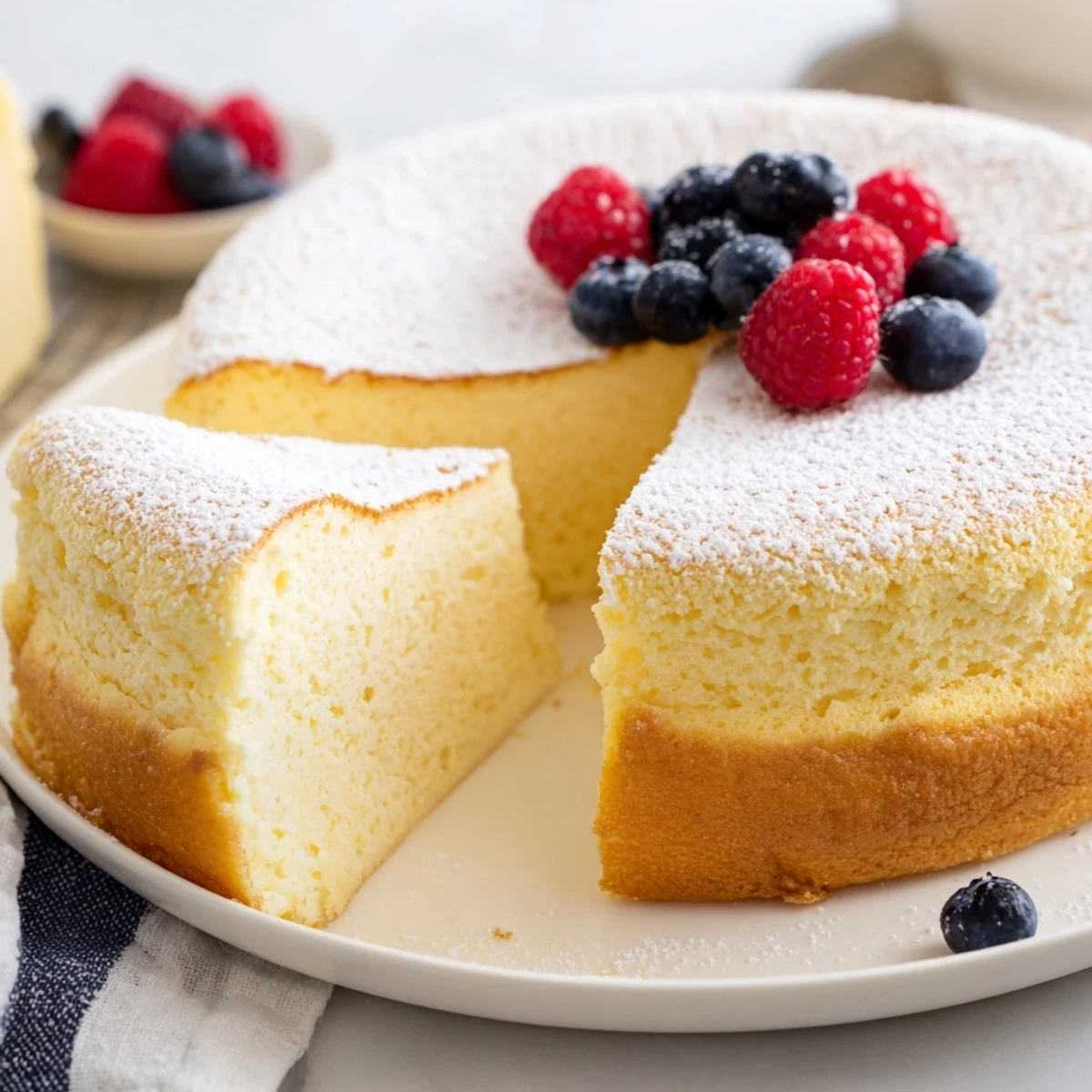 Golden slice of fluffy Japanese cheesecake showing delicate sponge layers and smooth creamy interior