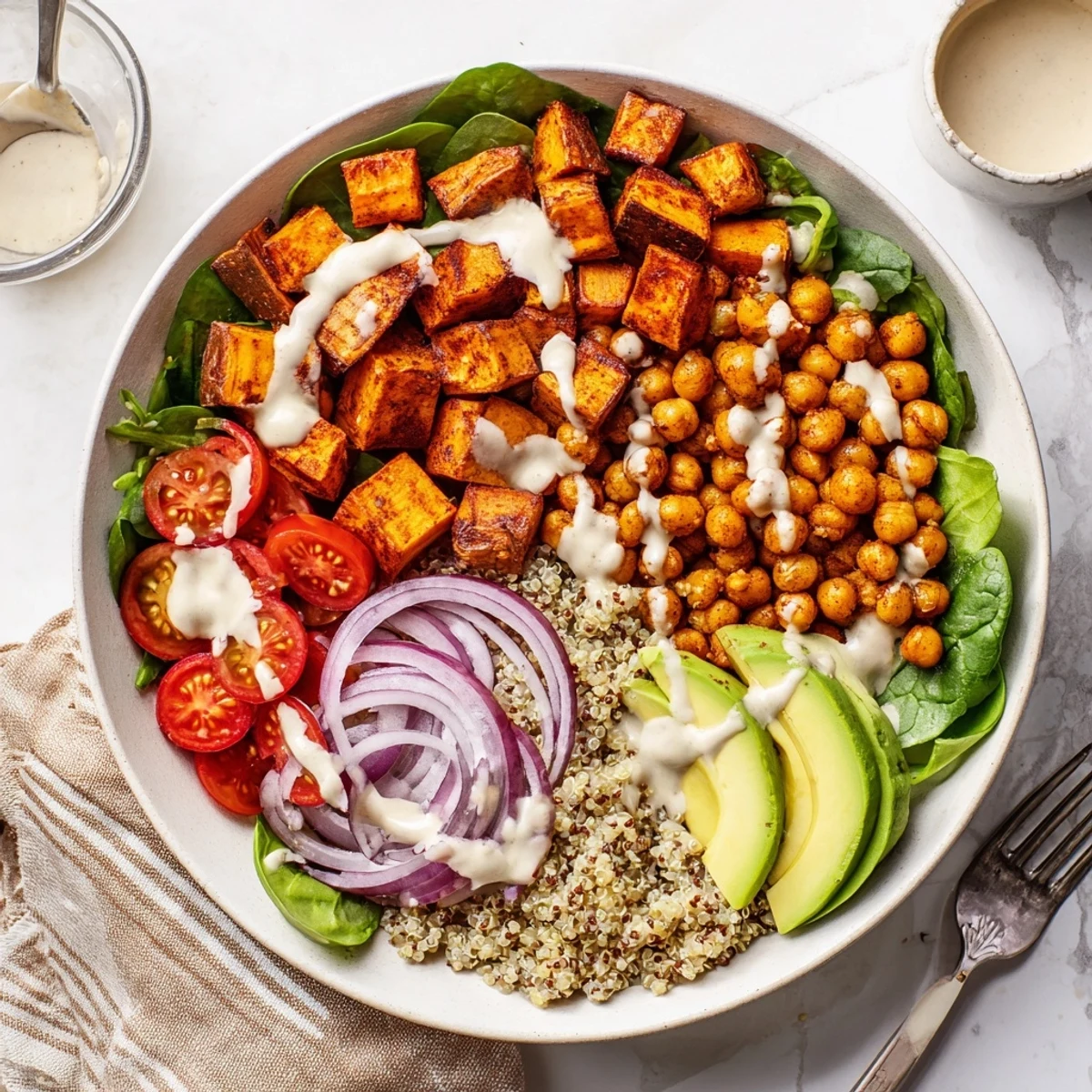 Golden roasted sweet potato bowl with crispy chickpeas and fresh vegetables topped with creamy tahini dressing