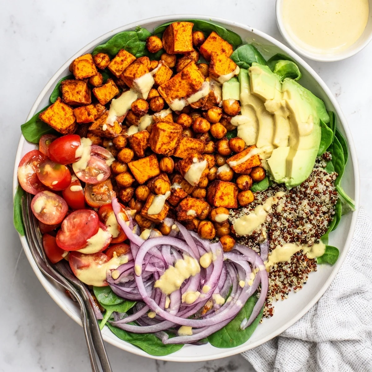Hearty sweet potato bowl featuring tender roasted cubes, avocado slices, and quinoa drizzled with lemon tahini