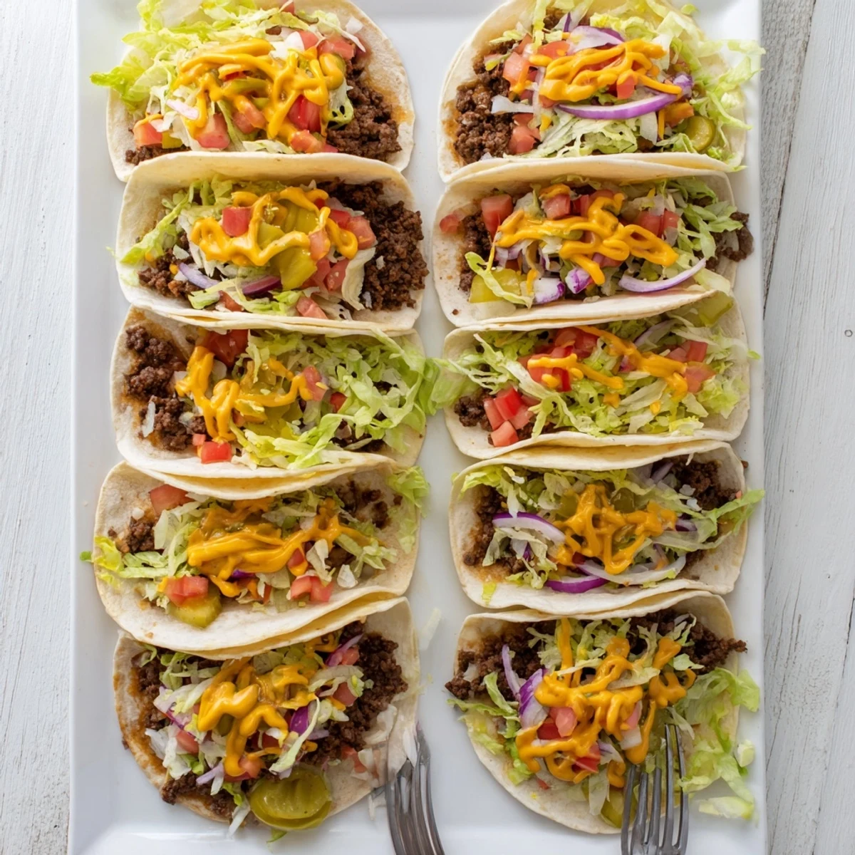 Golden smash burger tacos with melted cheese atop crispy-edged beef in flour tortillas