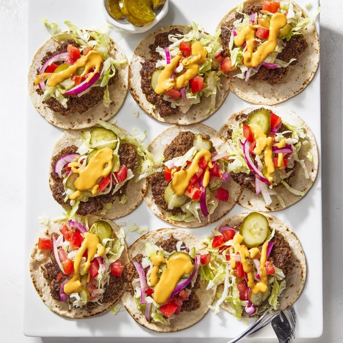 Juicy beef smash burgers served in soft flour tortillas topped with classic burger toppings