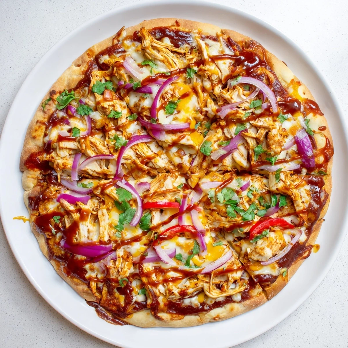 Freshly baked homemade BBQ chicken pizza on a wooden board topped with cilantro, bell peppers, and shredded smoked Gouda