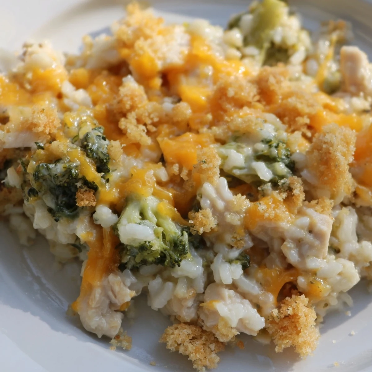 Creamy chicken broccoli rice cheese casserole bubbling in a baking dish with golden crust