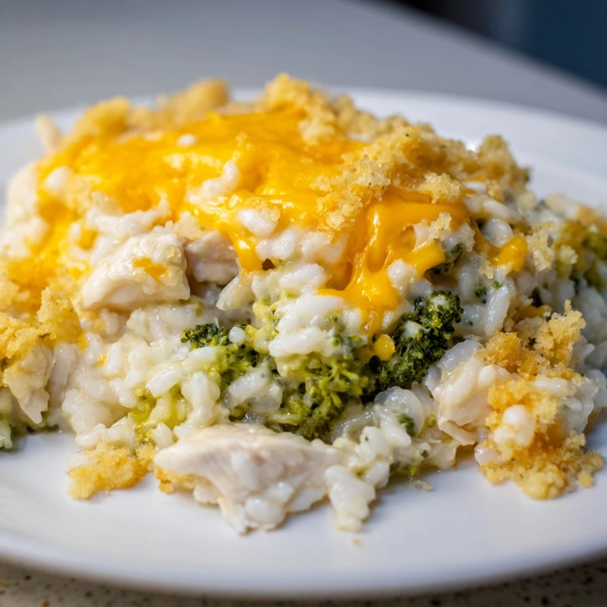 Comforting chicken broccoli rice cheese casserole served fresh from oven with broccoli florets visible