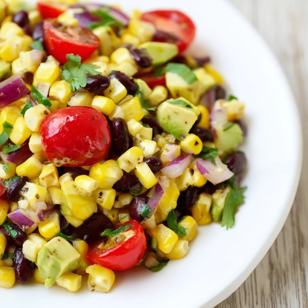 Vibrant Tex-Mex corn and black bean salad featuring crisp bell peppers, sweet corn, and creamy diced avocado topping
