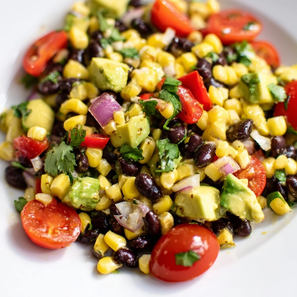 Colorful corn and black bean salad with fresh avocado, cilantro, and zesty lime dressing in a white bowl