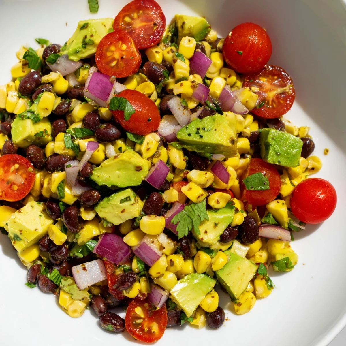 Fresh summer corn and black bean salad with red onion, cherry tomatoes, and tangy lime cilantro dressing