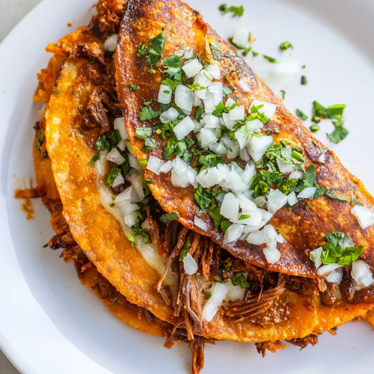 Super crispy birria tacos with melted Oaxaca cheese, fresh cilantro, and warm spiced consommé for dipping on the side