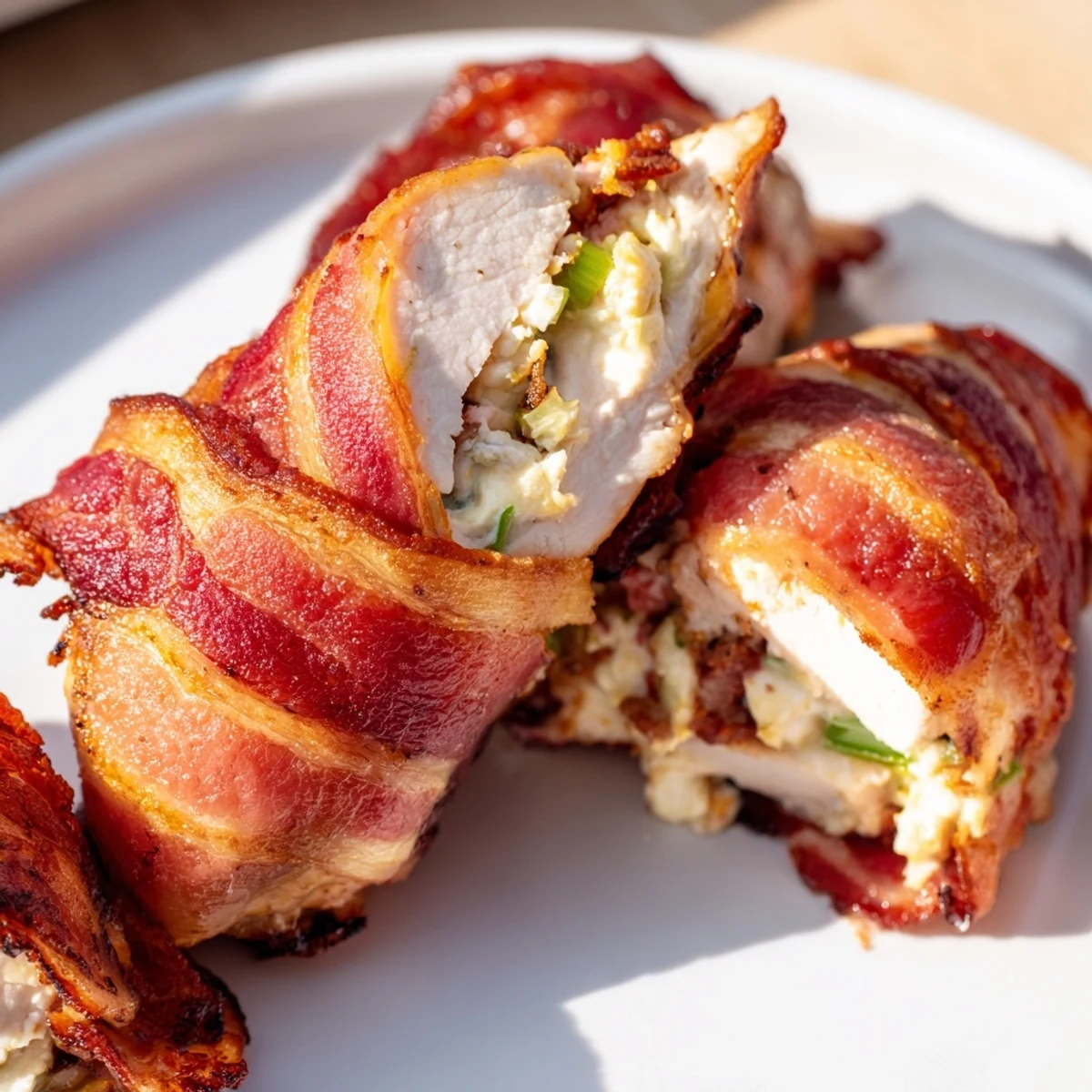 Crispy bacon-wrapped chicken breasts stuffed with creamy jalapeño cheese filling on a white baking sheet