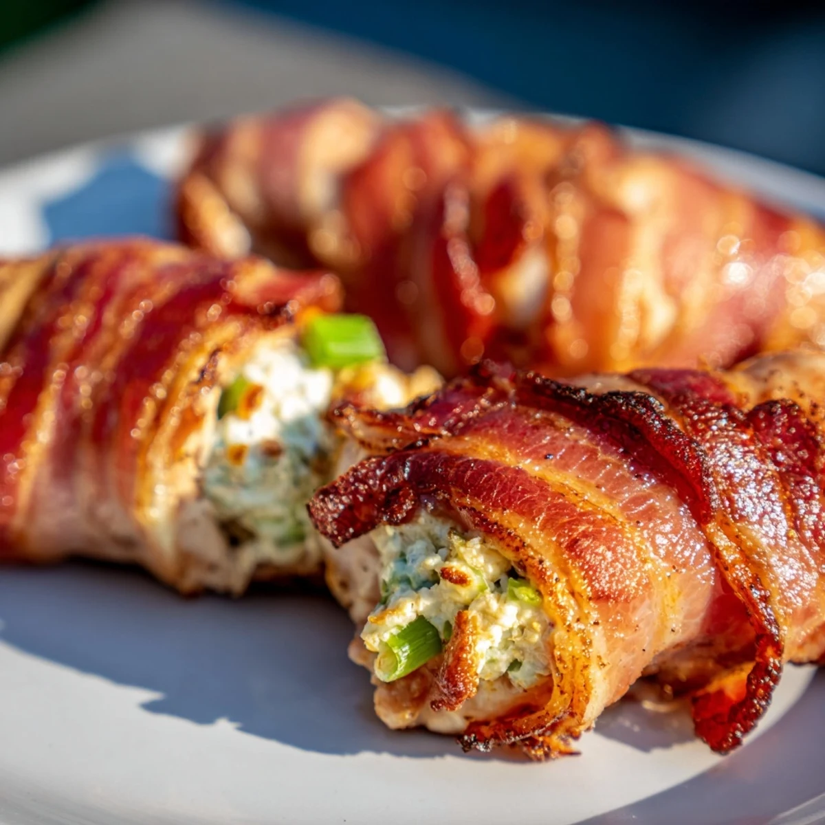 Golden brown bacon-wrapped jalapeño popper chicken sliced open to reveal the melty cheese and jalapeño stuffing