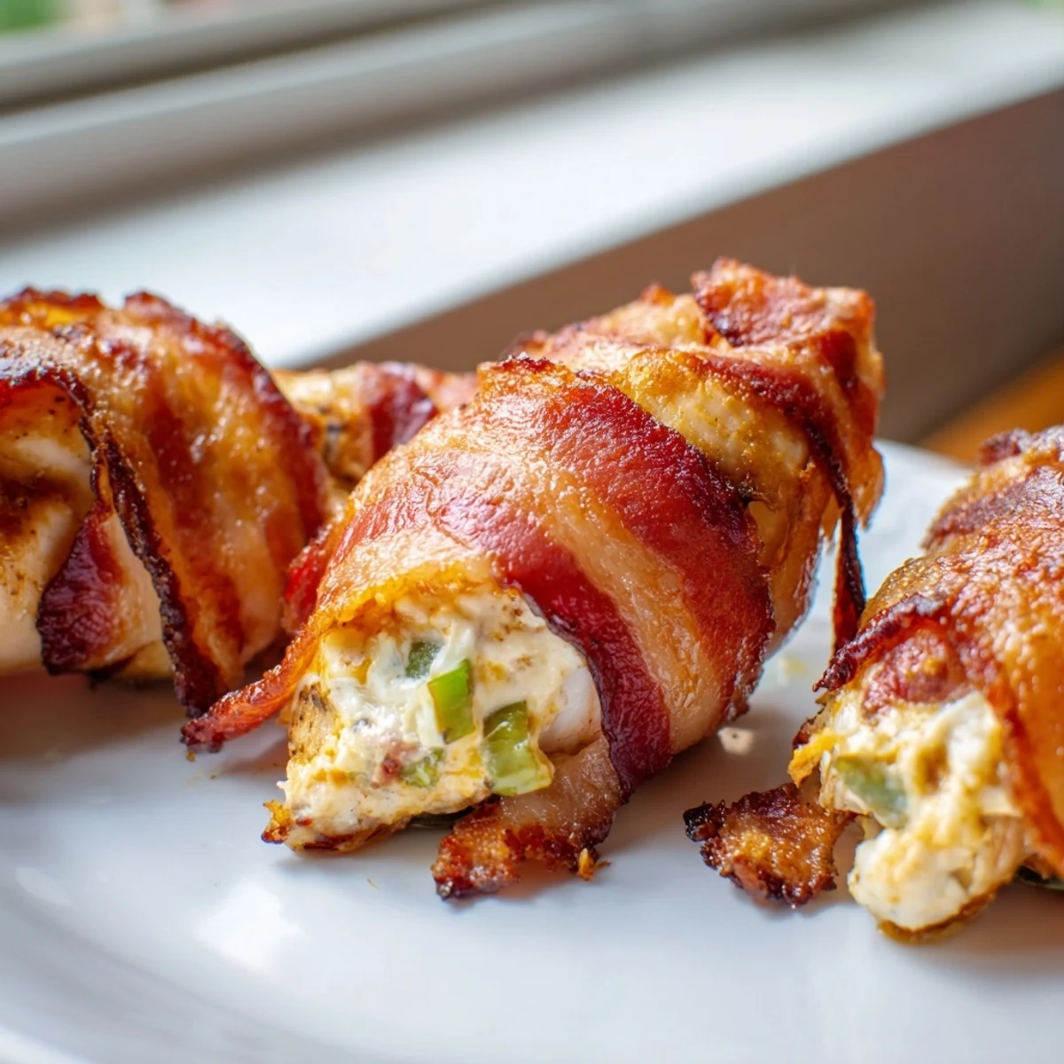 Oven-baked bacon wrapped jalapeño popper chicken garnished with fresh green onions on a rustic wooden board