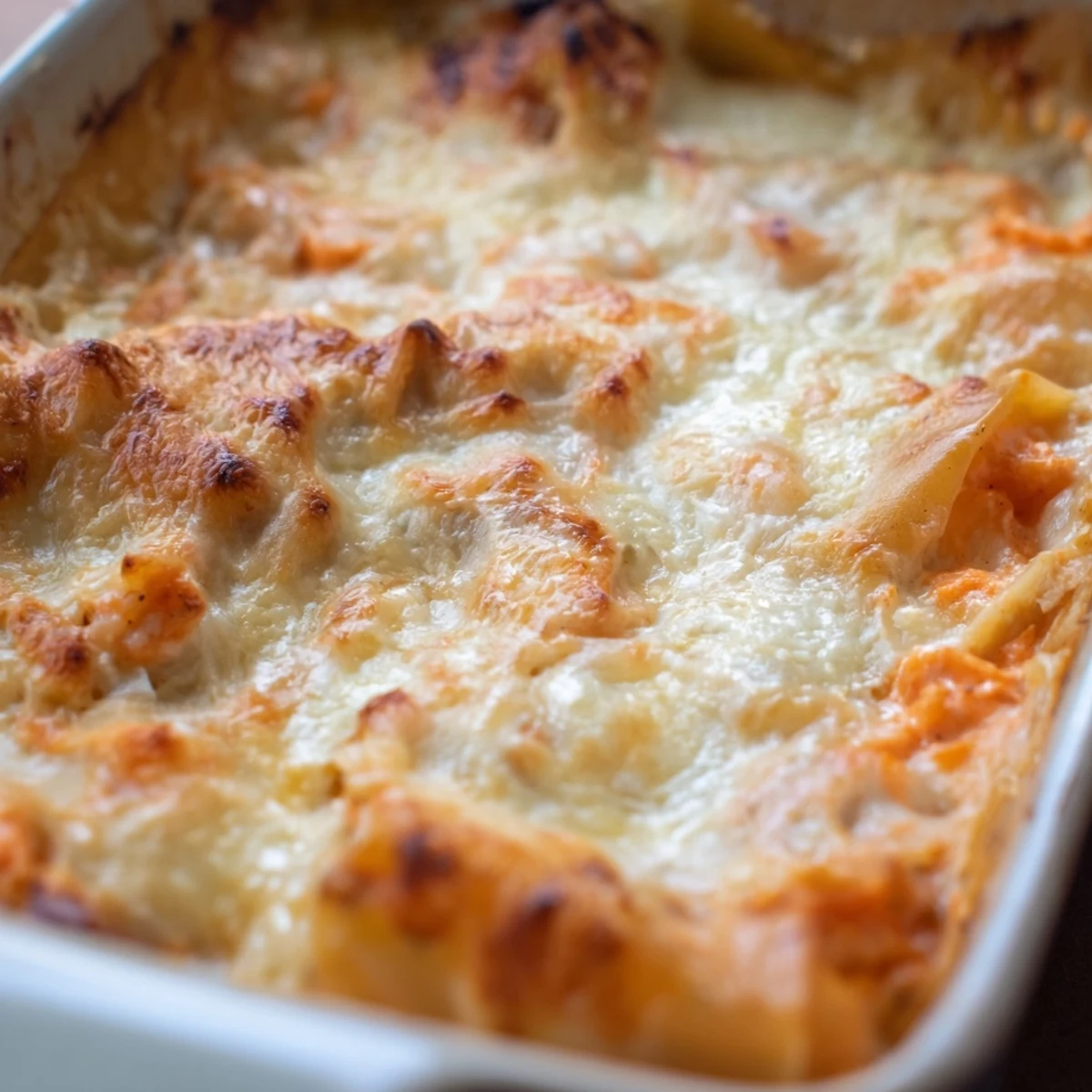 Golden-brown shrimp dumpling lasagna with bubbling mozzarella and layers of tender wrappers