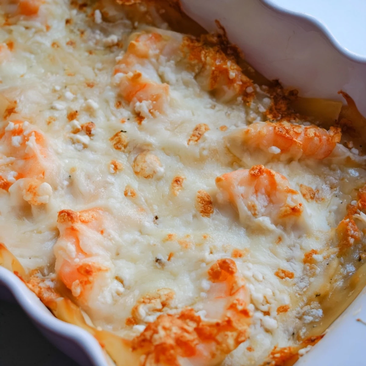 Cheesy shrimp dumpling lasagna square served on white plate with fresh scallion garnish