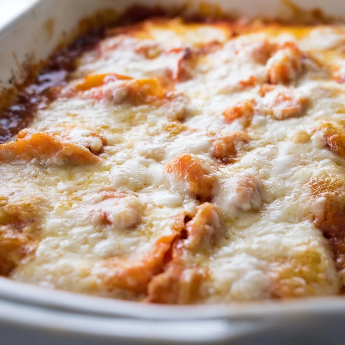 Layered shrimp dumpling lasagna baked to golden perfection with melted cheese topping