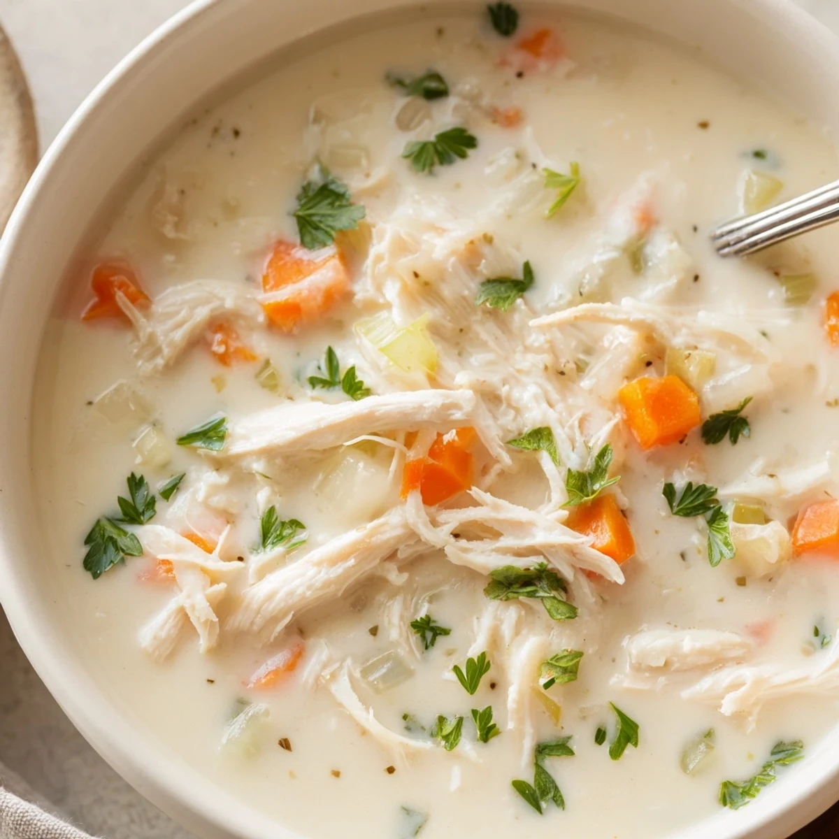 Velvety homemade cream of chicken soup with diced vegetables and tender shreds