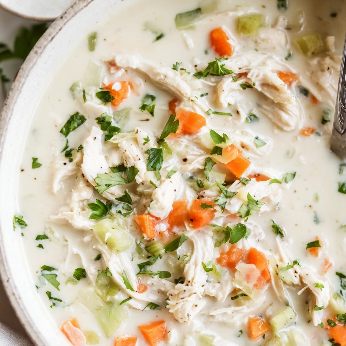 Cream of chicken soup in a white bowl garnished with fresh parsley
