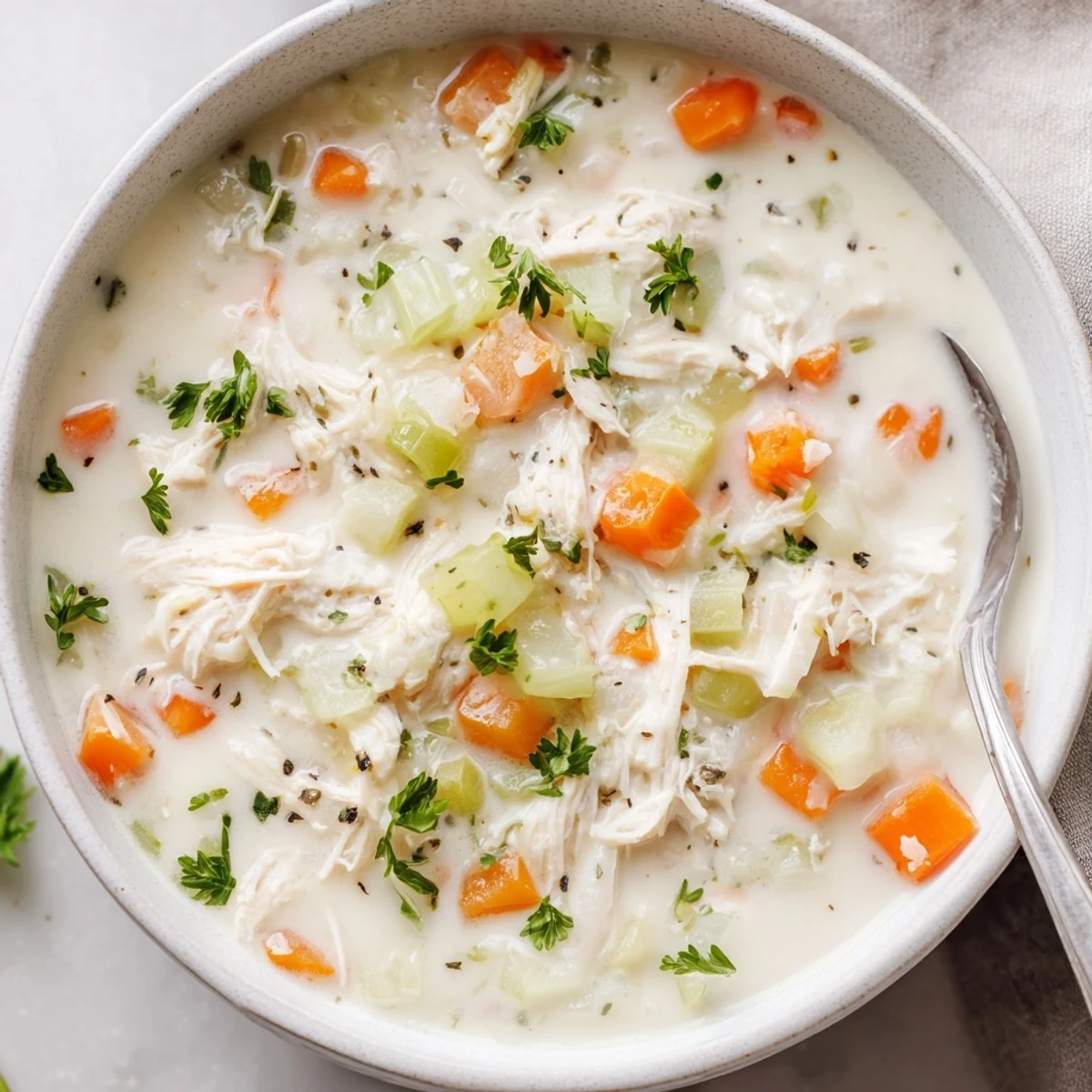 Steaming cream of chicken soup served in rustic bowl with crusty bread