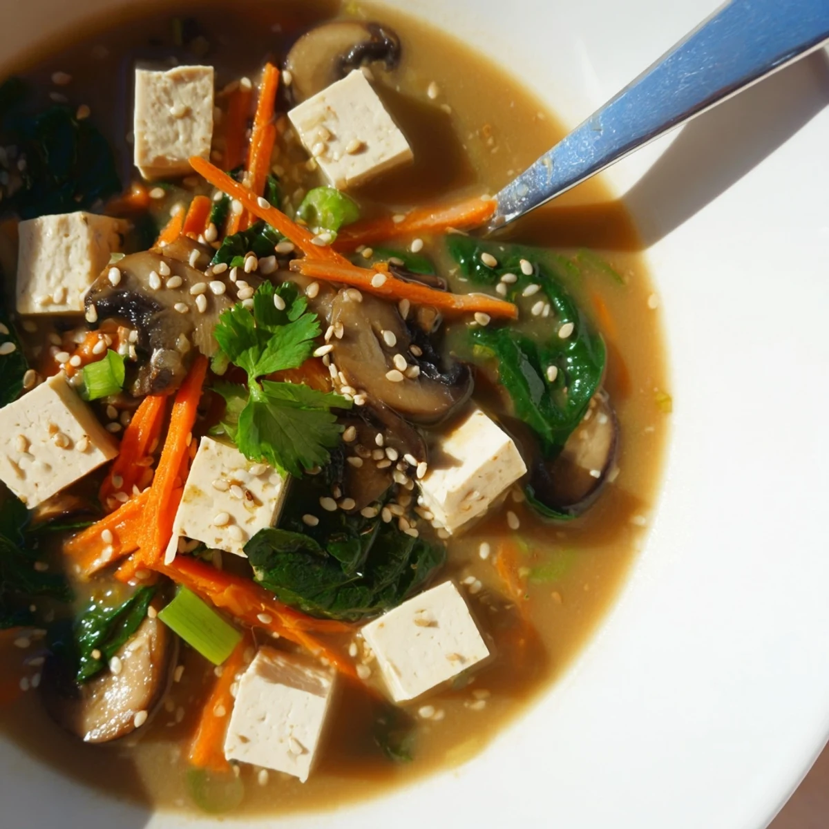 Steaming bowl of warm tofu soup with silky cubes, fresh spinach, and sliced shiitake mushrooms in savory broth